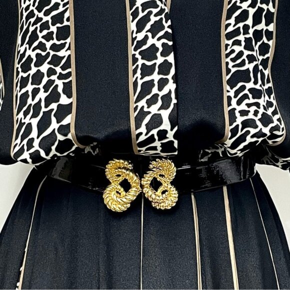 Vintage 80s Belted Midi Dress Size S Black Striped Animal Print Peekaboo Pleat - Picture 4 of 9